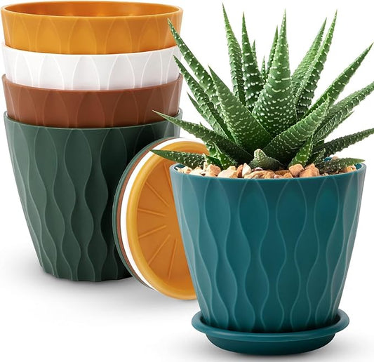 6 inch Plant Pots, 5 Pack Flower Pots Outdoor Indoor, Planters with Drainage Holes and Tray Saucers（Multicolor）