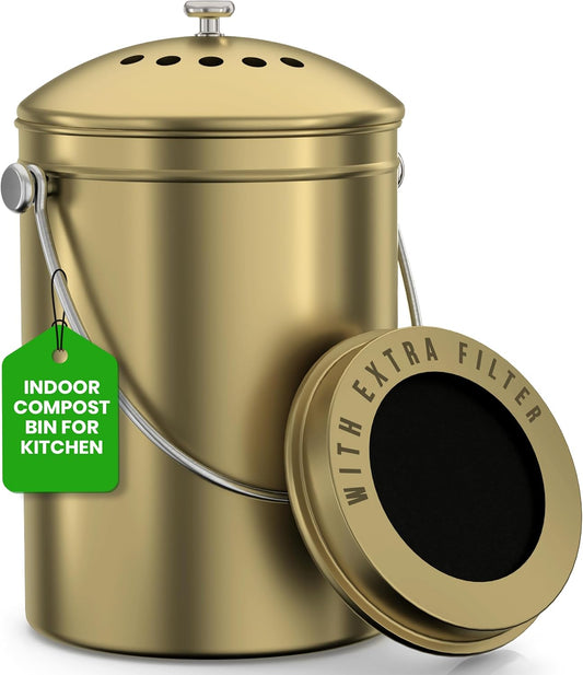 Utopia Kitchen Compost Bin for Kitchen Countertop - 1.3 Gallon Compost Bucket for Kitchen with Lid - Includes 1 Spare Charcoal Filter (Gold)