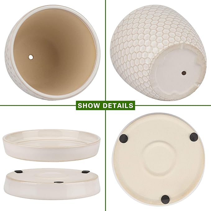 Docrin Ceramic Plant Pots Indoor, 6.6 + 5.5 Inch Flower Pots with Drainage Holes and Saucer for Plants, Set of 2, Milky White Honeycomb