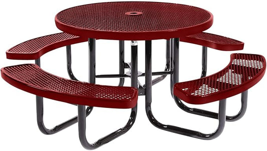 Coated Outdoor Furniture Heavy-Duty Portable Outdoor Picnic Table with Umbrella Hole, Expanded Metal Commercial-Grade Patio Dining Furniture Made in America (46" Round Top, Textured Burgundy)