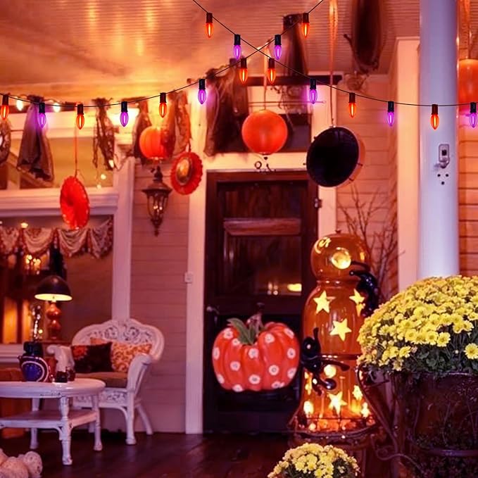 C9 LED Halloween Pathway Lights,10Pcs C9 Orange & Dark Purple Light Bulbs Stake Lights with 10 Stakes, Connectable Outdoor Pathway Markers Lights for Halloween Holiday Walkway Party Driveway Decor