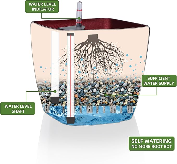 Dexceder 11x10 Self Watering Planter Indoor Outdoor, Inner Mat Design, Thickened Table Flower Plant Pot with Water Level Indicator (Red High Gloss)
