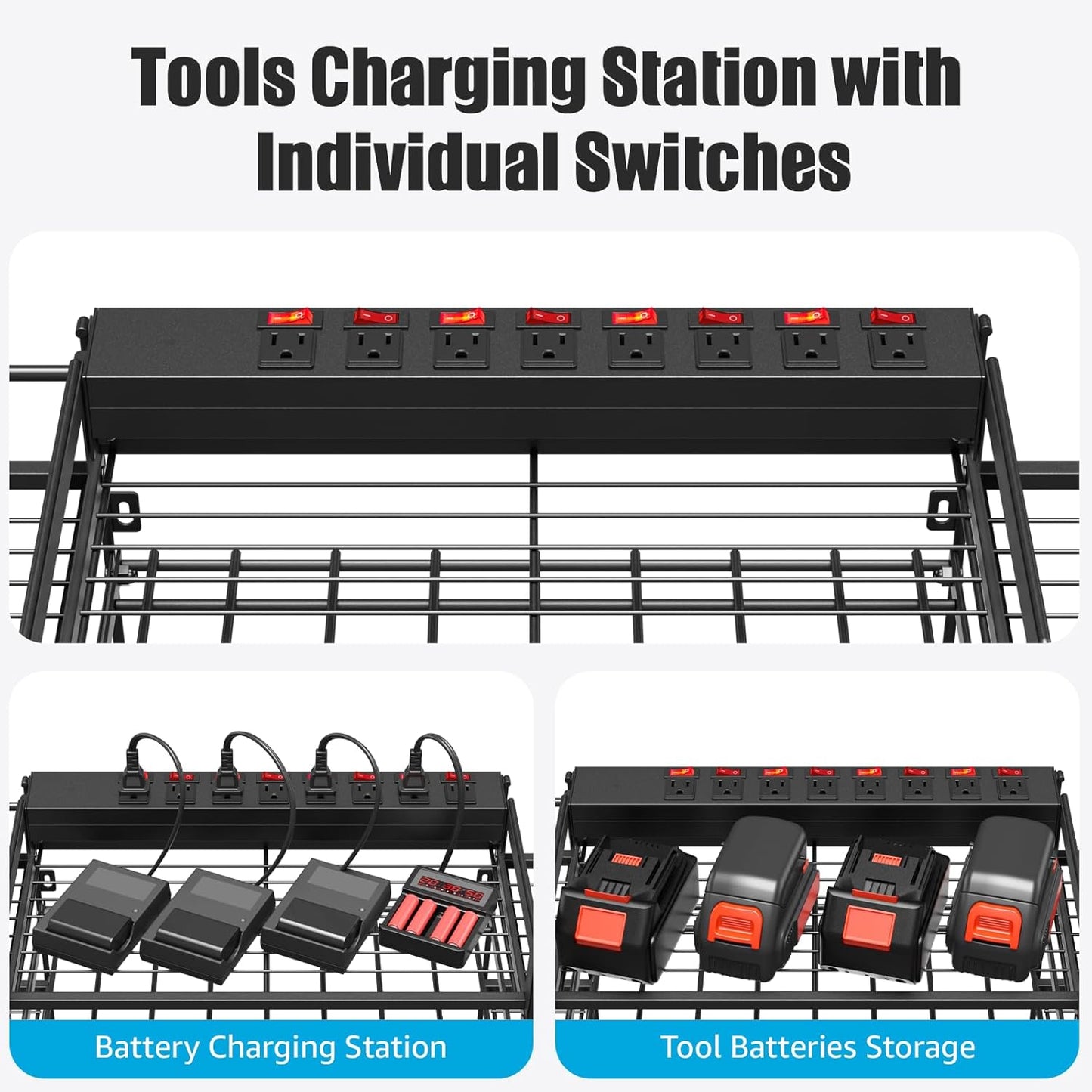 CCCEI Black Power Tool Organizer Wall Mount, Large Tools and Battery Storage Rack Charging Station Individual Switches. Drills Holder, Garage Utility Shelves with 10FT Power Strip. Gift for Men.
