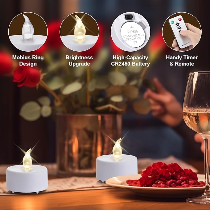 Tea Light Candles with Remote Control,12pack Flickering Flameless LED Candle,Long Lasting 400+Hours,Battery Operated with Timer for Home Decoration Seasonal &Festival Celebration WarmWhite