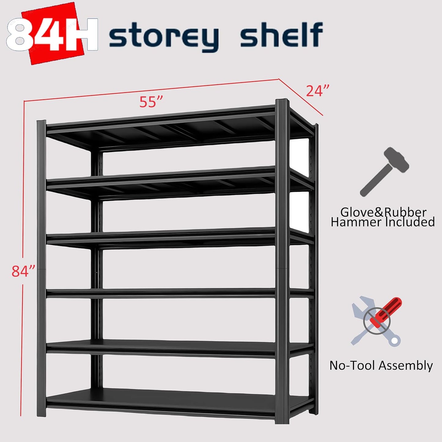 6-Tier 55" W x 24" D x 84" H Garage Shelving 3500LBS Storage Shelves Heavy Duty Metal Shelf Unit Adjustable Basement Industrial Storage Racks (6T-84 * 55 * 24)