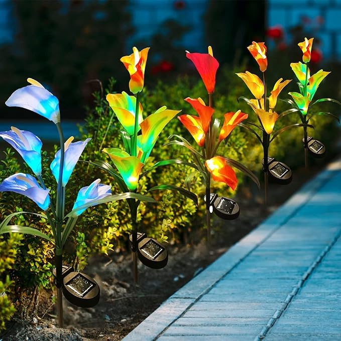 Veesee Solar Garden Lights - Outdoor Stake Lights with Calla Lily Design, Decorative for Lawn, Yard, Patio & Landscape (White, 2Pack)