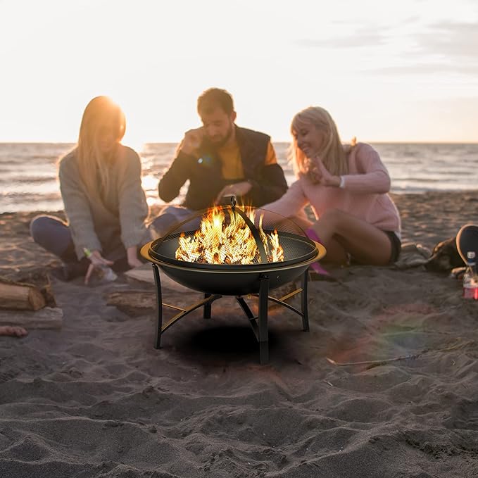 Fire Beauty Fire Pit for Outside Wood Burning,BBQ Grill Steel Fire Bowl with Cooking Grate,Spark Screen Cover,Log Grate,Poker for Camping Beach Bonfire Picnic Backyard Garden