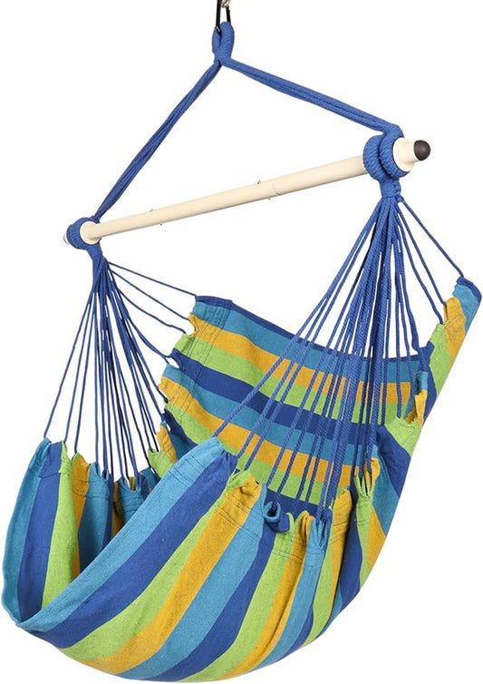 Highwild Hammock Chair Hanging Rope Swing - Max 500 Lbs - Steel Spreader Bar with Anti-Slip Rings - for Any Indoor or Outdoor Spaces (Blue Striped)