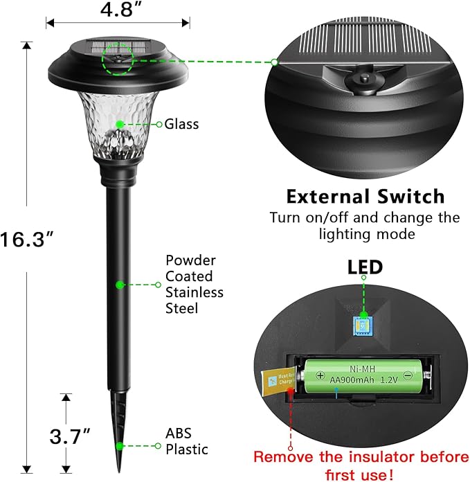 8 Pack 3 Mode Solar Pathway Lights for Outdoor Color Changing/Warm White/Bright White Waterproof Garden Stainless Steel Landscape Path Lighting Walkway Yard Lights Glass LED RGB Black