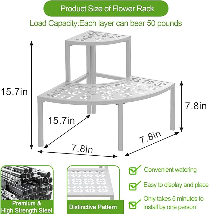 aboxoo 2 Tier Plant Stand Flower Pot Rack for Patio,Heavy Duty Metal Stair-Step Style Corner Shelf Planters, Quarter Round Display Holder for Indoor Outdoor Use(White, Semicircle)