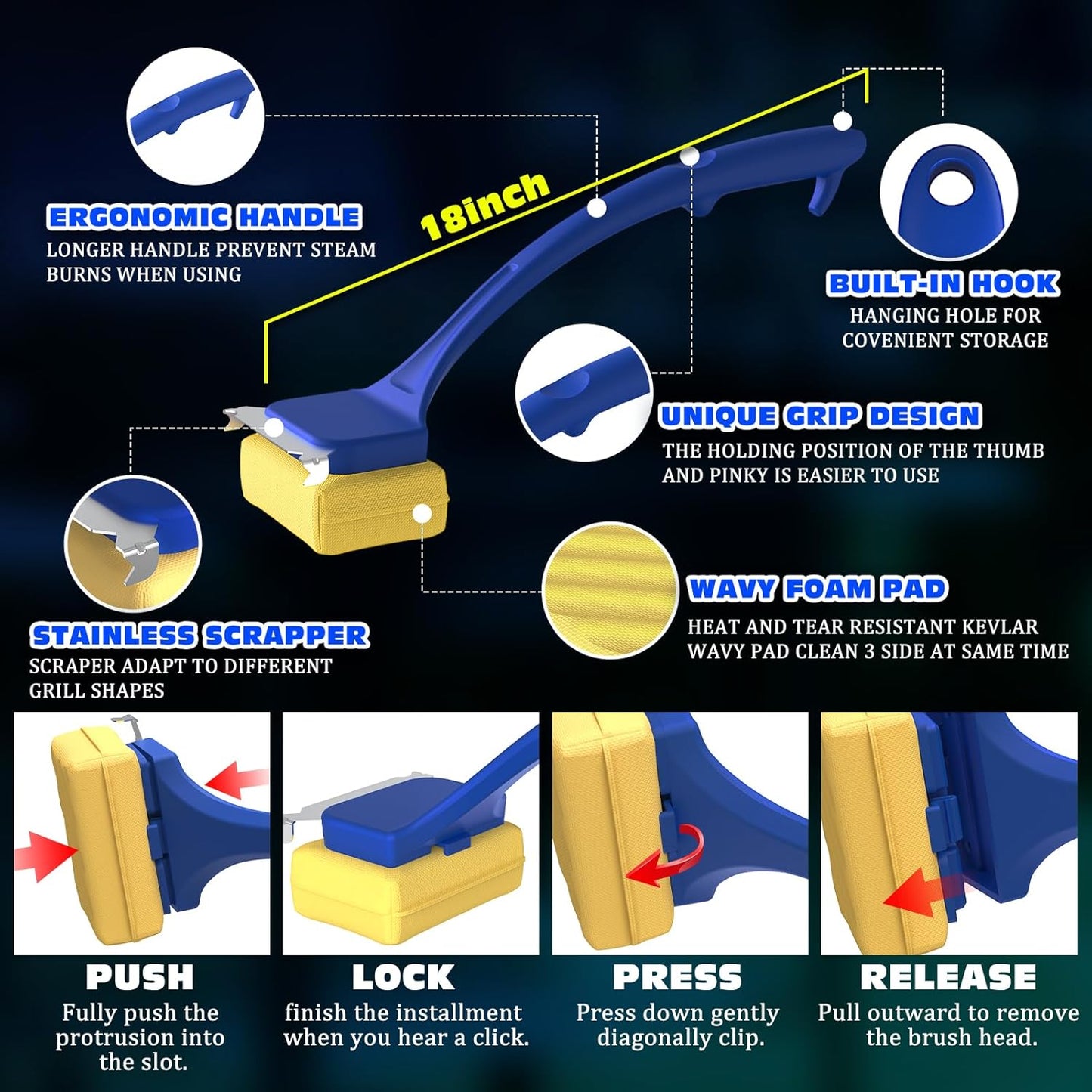 Grill Brush Bristle-Free with Replaceable Heat Resistant Kevlar Head Multi-Function Scraper BBQ Grilling Accessories, BBQ Grill Brush for Outdoor Grill, Heavy-Duty for Weber Grill Cleaner Accessories