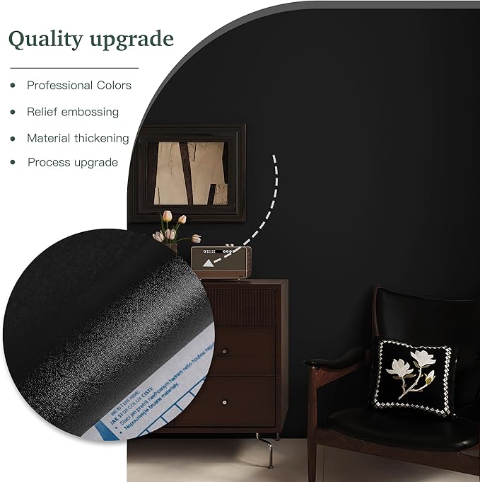 Dimoon 394''x17.7'' Black Peel and Stick Wallpaper Contact Paper Modern Self Adhesive Wall Paper Removable Renter Friendly Textured Solid Color Shelf Cabinet Vinyl Roll (394''x17.7'',Black)