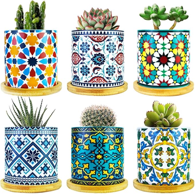 6 Pack Mandala Succulent Plant Pot with Bamboo Trays, Ceramic Multicolored Succulent Container Planter Pot for Small Plant