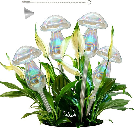 Plant Watering Globes, 4PCS Iridescent Rainbow Gradient Color Clear Glass Mushroom Self Watering Spikes Planter Insert, Automatic Plant Waterer Bulbs Devices for All Plants 9" L × 3.5" D
