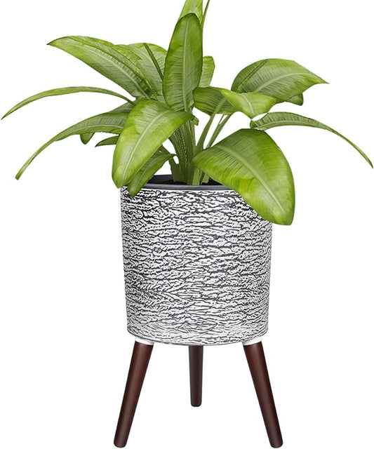 12 Inches Plant Pots with Stand Mid Century Flower Pots with Wood Legs Large Mode Cylinder Planter with Drainage Holes for Indoor Plants,Garden,Decorative-Grey