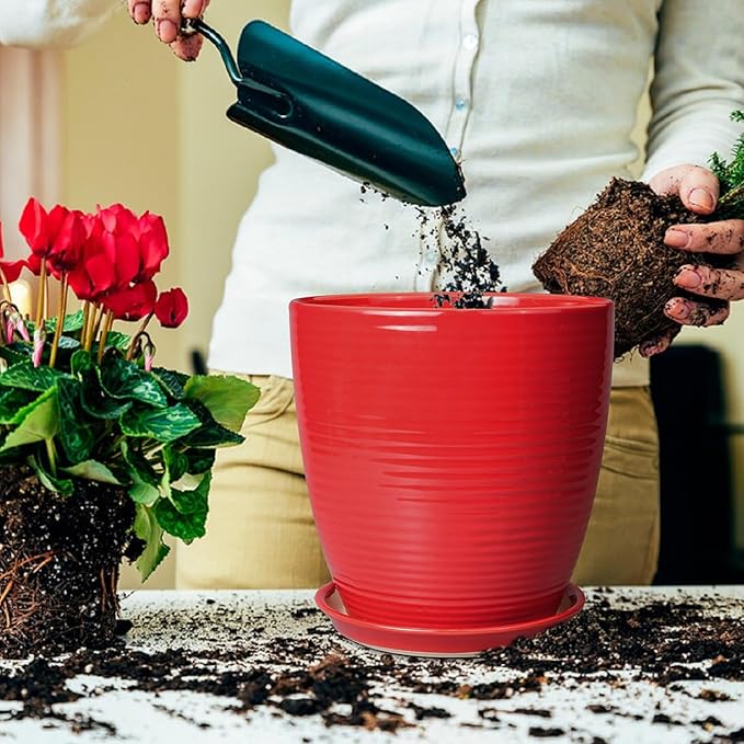 Ceramic Planter 10 Inch - Ceramic Pot for Plants Large Plant Pot Indoor with Drainage Hole and Saucer Round Outdoor Planter Modern Flower Pot for Garden House Red