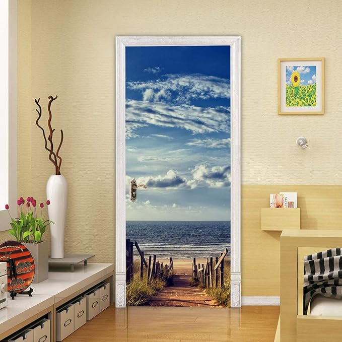 3D Door Wallpaper Self-Adhesive Door Poster - Road to The Beach - Door Film Photo Wallpaper Premium PVC Waterproof Door Sticker Wall Sticker for Bedroom Living Room Door Decoration Stickers 77 x 200