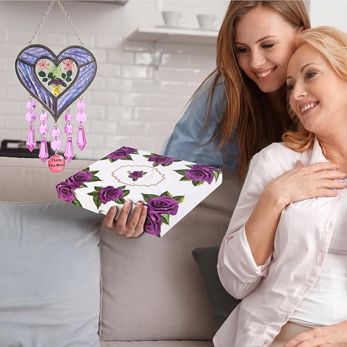 Gifts for Mom Suncatcher Heart Shaped I Love You Mom - Colored Glass Light Catcher Hanging Wind Chime Decorations Window Gifts Mother's Day Valentine's Day Birthday Christmas (Purple)