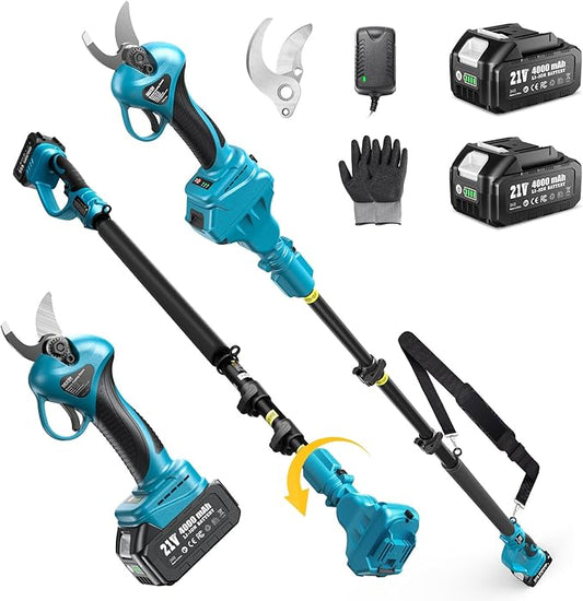 Seesii 2-in-1 Cordless Electric Pruning Shears with Pole, 15Ft Reach, 1.2" Cutting Diameter, 21V 2x 4000mAh Batteries, Battery Powered Tree Pruner with Brushless Motor for Efficient Branch Trimming