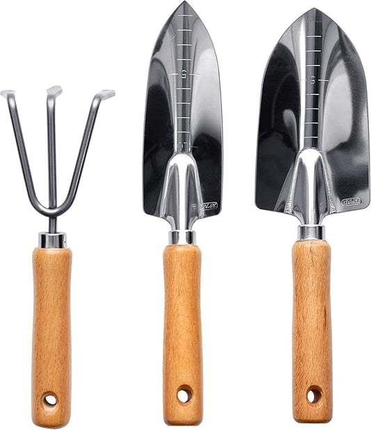 Japanese Garden Tool Set 3 Pcs, Heavy Duty Japanese Stainless Steel, Made in Japan (Large Trowel, Transplant Trowel, Hand Cultivator), Wood Handle