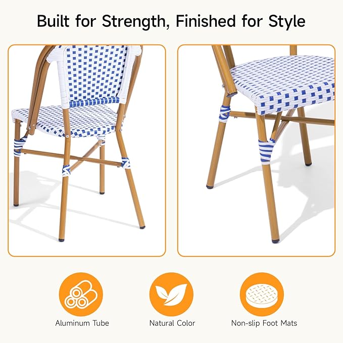3 Piece French Wicker Bistro Set, Patio Bistro Set with Table and 2 Dining Chairs, All Weather ‎Outdoor ‎Bistro Set with Aluminum Frame, Outdoor Patio Set for Patio Porch Cafes Yard, Navy and White