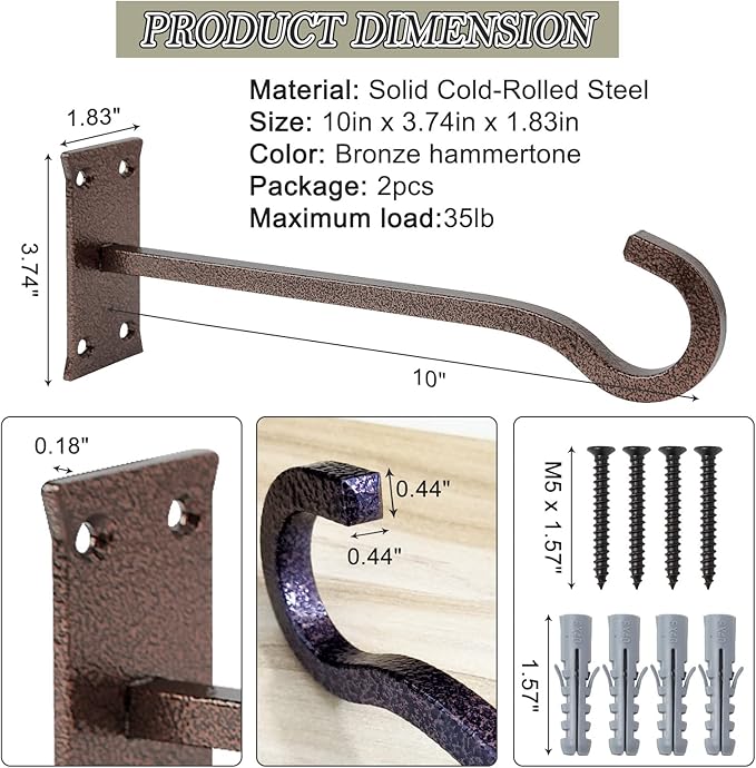10inch Heavy Duty Plant Hangers Outdoor or Indoor Bird Feeder Hanger Shepherd Hooks 2pcs Bronze hammertone Metal Wall Hook for Hanging Plant Bracket, Lantern, Flower Basket, Wind Chimes