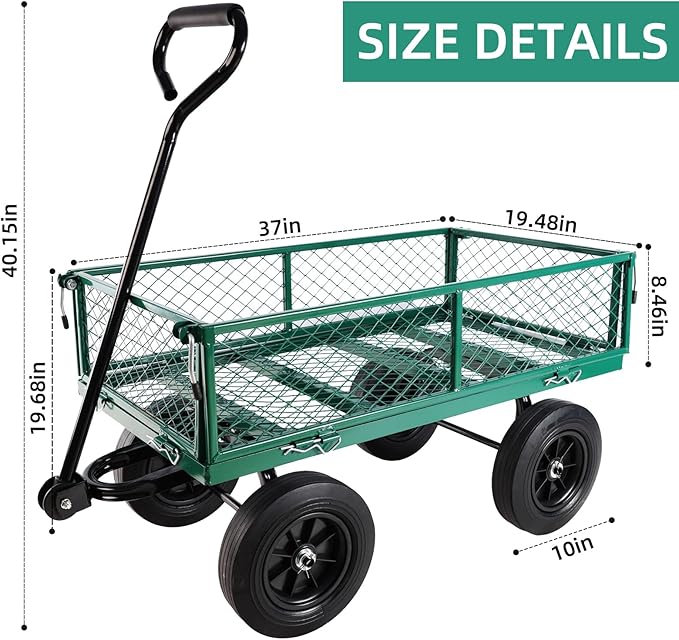 Heavy Duty 480 Lbs Capacity Mesh Steel Garden Cart Folding Utility Wagon with Removable Sides (Green)