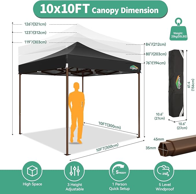 COBIZI 10x10 Pop Up Canopy Tent Heavy Duty with 4 Sidewall, Commercial Outdoor Easy Pop Up Gazebo for Party Wedding All Weather Waterproof UV 50+ with Carry Bag(Leg Upgraded),Black