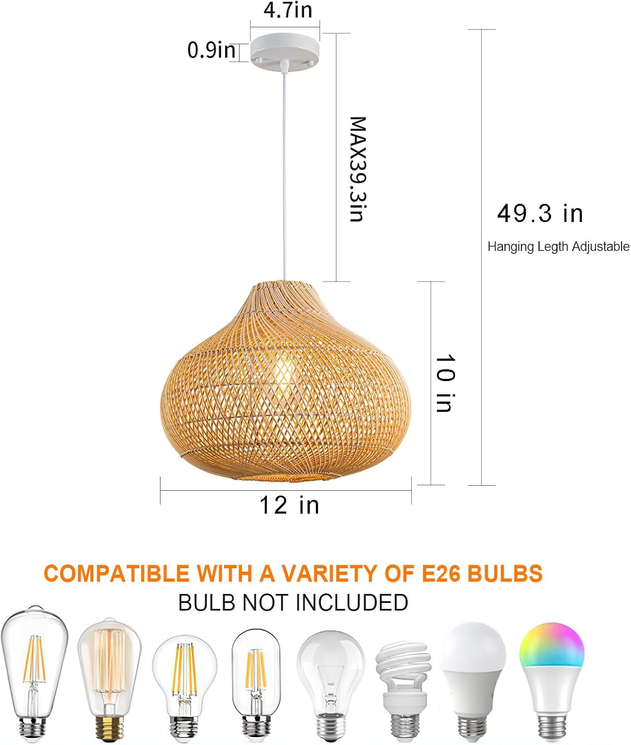 Rattan Pendant Lights, Large Wicker Chandelier Hand-Woven Boho Pendant Light Rattan Basket Hanging Light for Dining Room Kitchen Island Living Room
