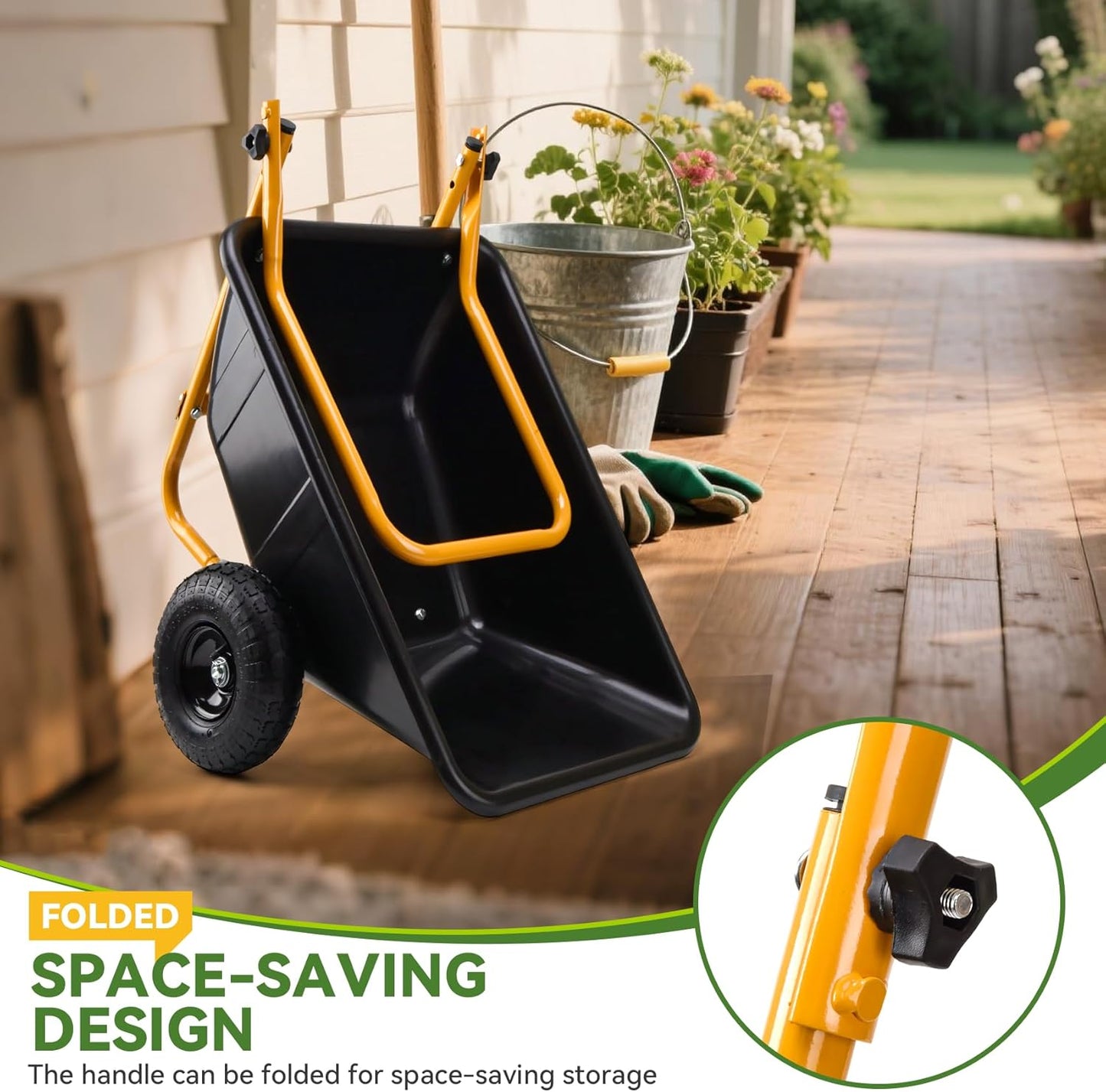 Folding Dual-Wheel Wheelbarrow,Heavy-Duty 330 LB Garden cart,10-inch Air-Filled Tires,Home Garden Yard Utility for Outdoor Lawn Yard Farm Ranch(Black)