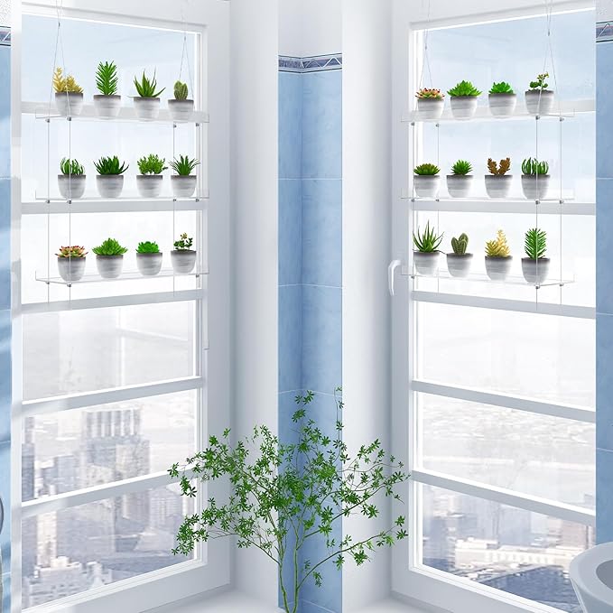Clear Hanging Window Plant Shelves,2-Pack 3-Tier,Indoor Windows Wall Hanging Plant Stand Flower Display,Flower Pot Organizer Storage for Window Grow Herbs,Microgreens,Succulents,Flower,16-Inch