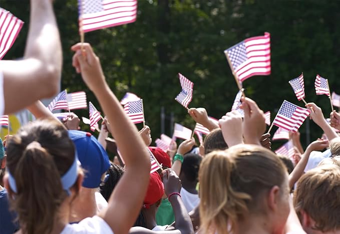 100pcs Small American Flags on Stick, Handheld 8 x 5.5 Inchs Mini American Flags with Kid-Safe Golden Spear Top, US Flags for 4th of July Decorations Outdoor, Independence Day Decorations
