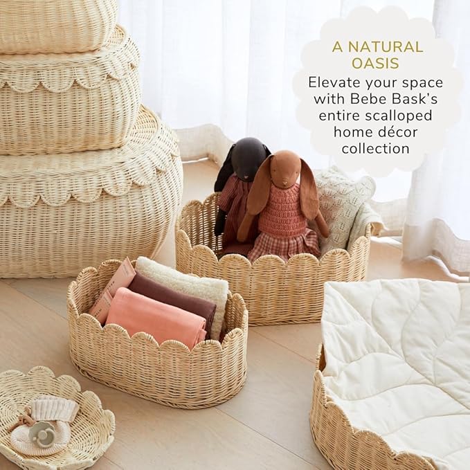 BEBE BASK Premium Scalloped Basket Set Of 2 - Scallop Basket - 16 x 10 x 7 Inch - Hand-Woven Elegant Wicker With Scalloped Edge - Nursery Storage (Natural)