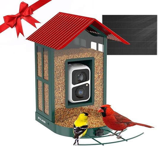 SOLIOM Solar Bird Feeder with Camera for Outdoors - AI Smart Birdhouse, 2K Live View & Instant Alerts, Squirrel Proof - Perfect Bird Watching Gift (Red)
