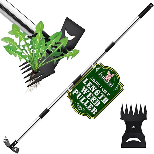 Weed Puller Tool with Long Handle - 58" Manual Weeder Remover Tool, 2 in 1 Hand Weed Rake and Garden Hoe for Gardening, Heavy Duty Uprooting Weeding Pull for Yard, Lawn, Patio and Garden