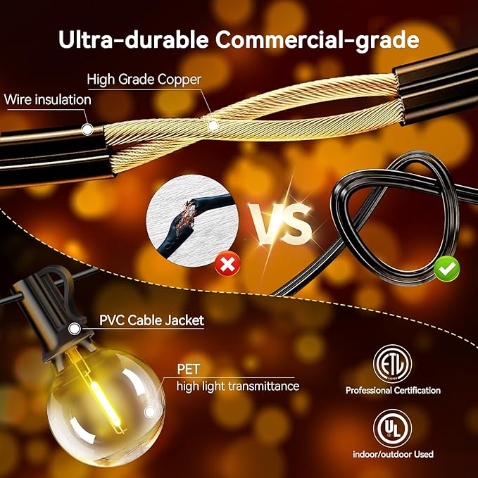 XURISEN Outdoor String Lights, 33FT LED Patio Lights for Outside 15 Shatterproof G40 Globe Bulbs UL Listed IP65 Waterproof Hanging Lighting for Backyard Balcony Bistro Party Decor