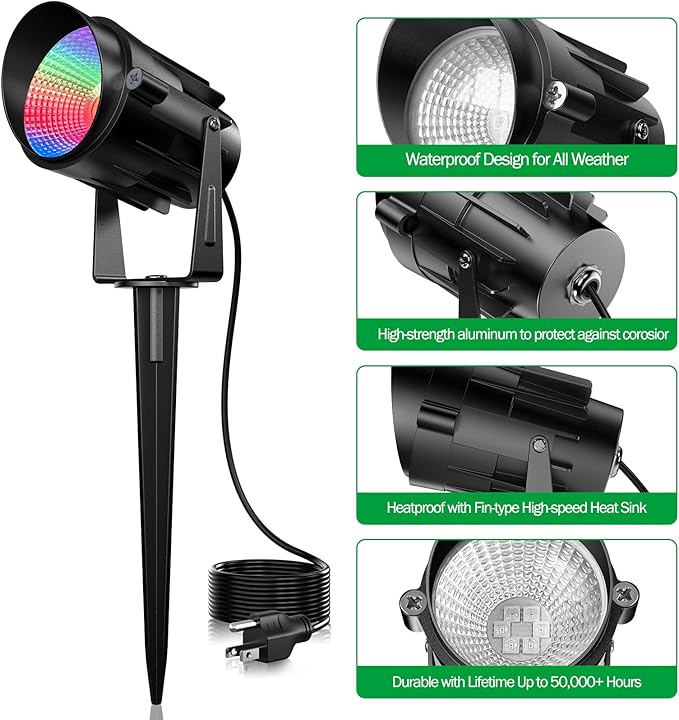 Spot Lights Outdoor for Yard, RGB Spotlight Outdoor 12W Color Changing Landscape Lighting with Remote Control Outdoor Spotlight Decorations Garden Patio 120V Waterproof Led Landscape Lights 2 Pack
