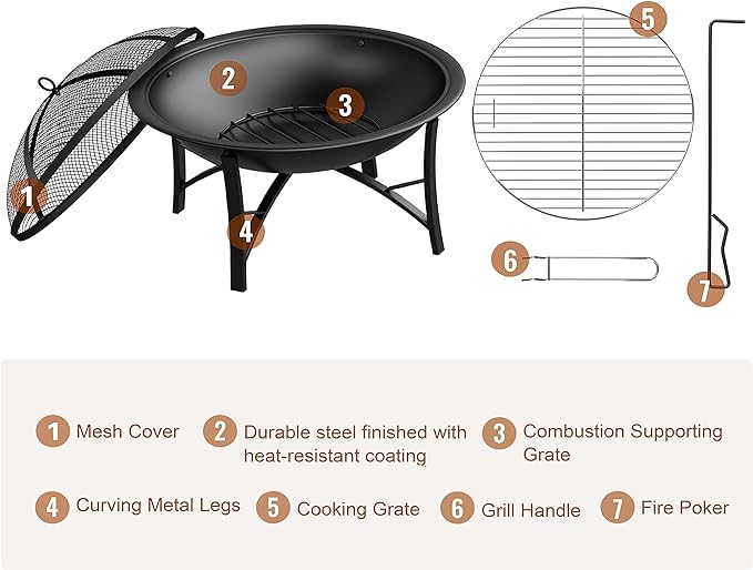 Fire Beauty Fire Pit for Outside Wood Burning,BBQ Grill Steel Fire Bowl with Cooking Grate,Spark Screen Cover,Log Grate,Poker for Camping Beach Bonfire Picnic Backyard Garden