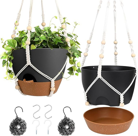 Hanging Planters for Indoor Outdoor Plants, 2 Pack Self Watering Hanging Pot with Drainage Holes, Removable Tray & 2 Kinds of Plant Hangers, 10'' Hanging Flower Pots for Home Garden Decor, Black