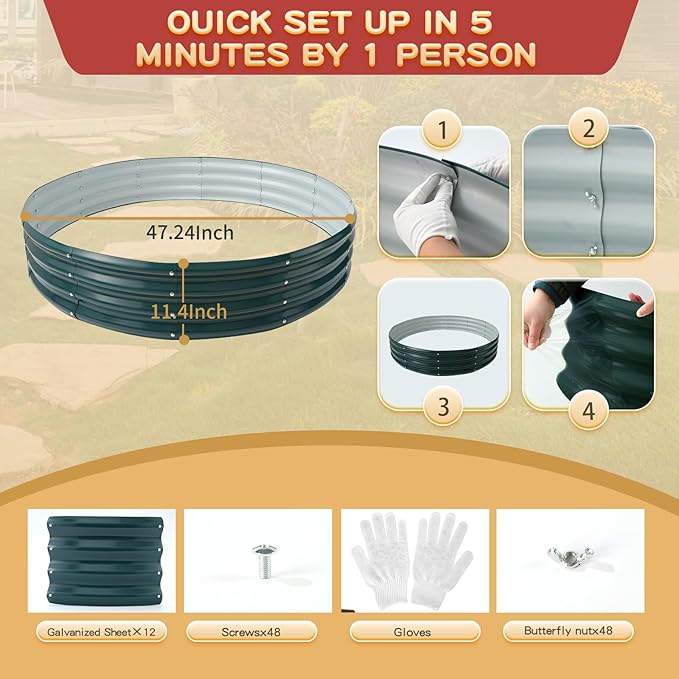 Durable Round Steel Raised Garden Bed Painted for Planting Vegetable/Herbs/Flowers/Trees at Backyard/Garden,or Baby Chicken,Christmas Tree Fence (Dark Green, 47 in Diameter x 12 in high)