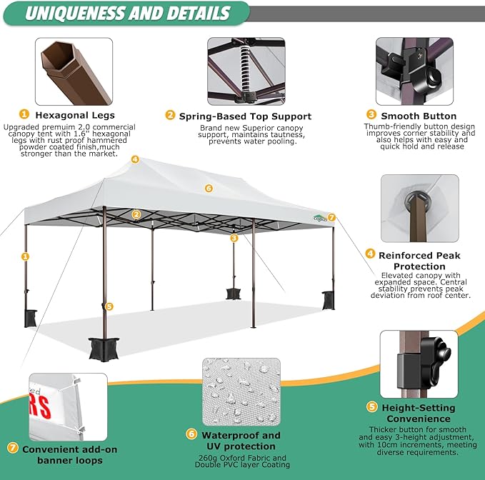 COBIZI 10x20 Pop Up Canopy Tent Heavy Duty with 6 Removable Sidewalls, Commercial Heavy Duty Pop Up Tent for Parties All Weather Waterproof and UV 50+ Wedding Tent with Roller Bag(Legs Upgraded)