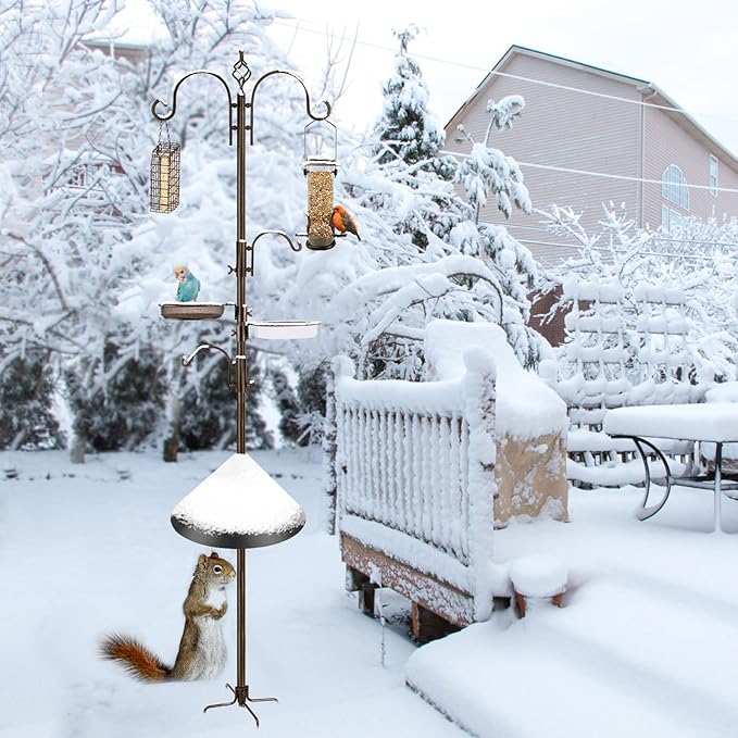Bird Feeding Station Kit with Squirrel Baffle and Suet Cage Wild Bird Feeder Kit with Mesh Tray, Fruit Hook, and Double W Hook for Attracting Wild Birds