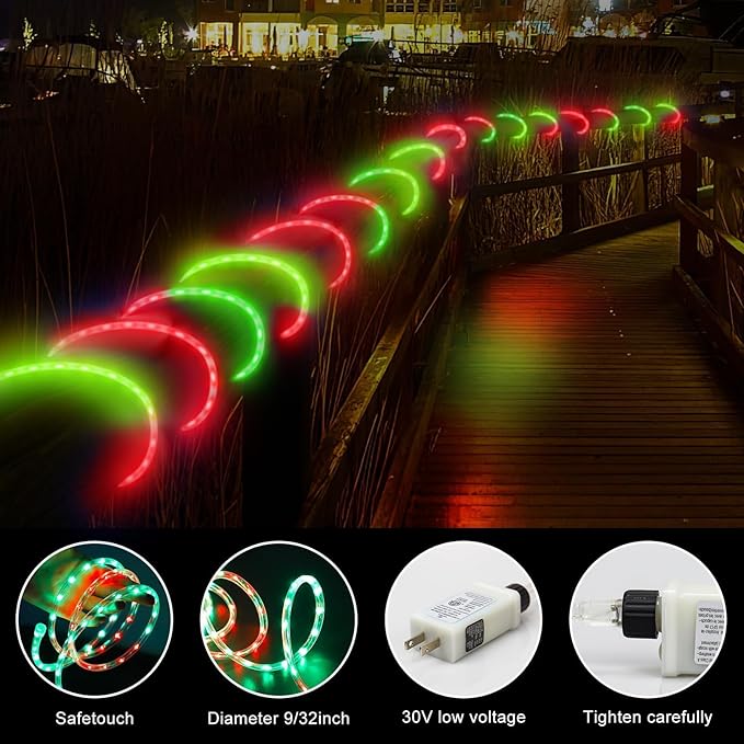 Christmas Rope Lights Outdoor, 50Ft 600 LED Red and Green String Lights, Waterproof Tube Light Plug in 8 Modes Timer Memory, Permanent Christmas Lights for Tree Fence Yard House Decorations