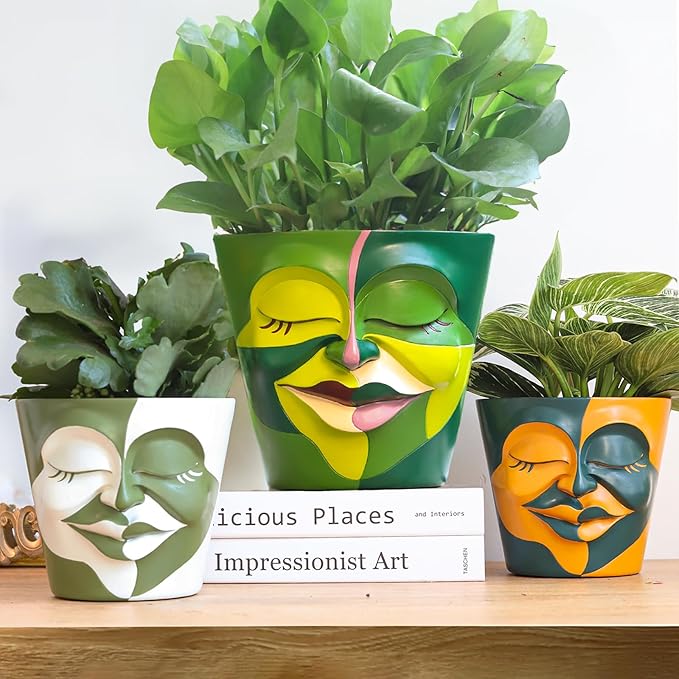 GUGUGO 8 Inch Planter Abstract Rainbow Face Pots for Plants, Unique Head Planters Pots with Drainage, Cute Eclectic Flower Pots for Garden, Colorful Funny Room Decor (Mainly Green)