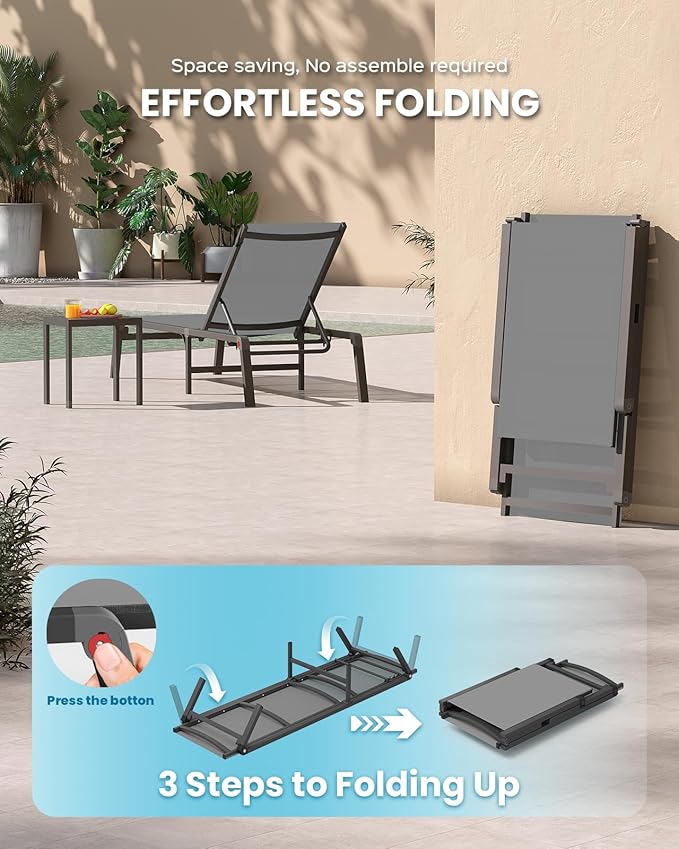 Chaise Lounge Outdoor, Foldable Aluminum Pool Lounge Chairs with 5 Positions Recliner - Free Assembly - Patio Chaise Lounge Chair for Poolside, Beach, Yard (Darkgray)