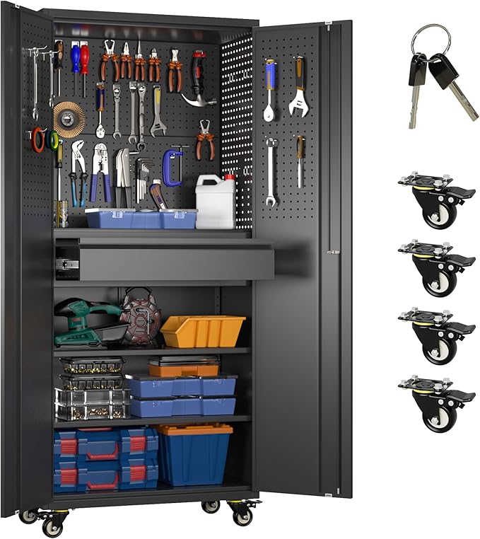 Metal Garage Cabinet with Wheels,71''H Rolling Lockable Steel Tool Cabinet with Pegboard & 1 Drawer for Garage,Home,Office Assembly Required,Black/Red