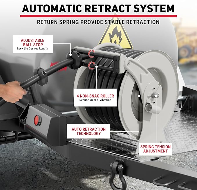 Diesel Fuel Hose Reel Retractable 1" x 50' with Fueling Nozzle Diesel Hose Reel 300 PSI Industrial Auto Swivel Heavy Duty Steel Construction for Farm Ship Vehicle Tank