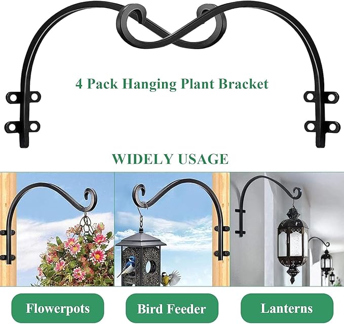 4 Pack Heavy Duty Plant Hanger Bracket, 16Inch Hanging Brackets for Plants Outdoor and Indoor, 80lbs Holding Capacity Metal Plant Wall Hooks, Black Hanging Plant Brackets for Flower Wind Bird Feeder