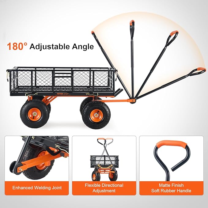 VEVOR 880lbs Steel Garden Dump Cart Utility Wagon, Heavy Duty Yard Dump Wagon Cart with Removable Sides, Pullable Handle, Utility Liner, 10in All Terrain Wheels