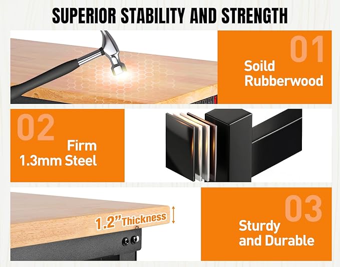 84” Adjustable Height Workbench, 5000 LBS Heavy Duty Table Rubber Wood Workstation with Power Outlet & Pegboard for Garage, Office, Workshop, Home,Commercial